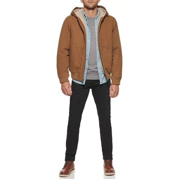 Levi's Washed Cotton Canvas Sherpa Utility Hooded Bomber Brown Jacket XXL NEW - Picture 3 of 6